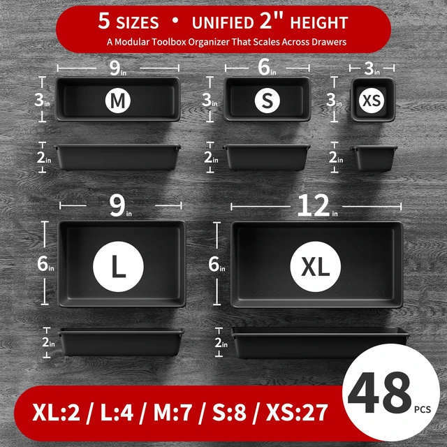 Alt view image 2 of 7 - 48PCS & 5 Sizes Tool Box Organizer Tray, Toolbox Drawer Organizer with Non-Slip Pads, Desk Drawer Divider Set, Fits Rolling Tool Chest Cabinet for Garage & Workbench