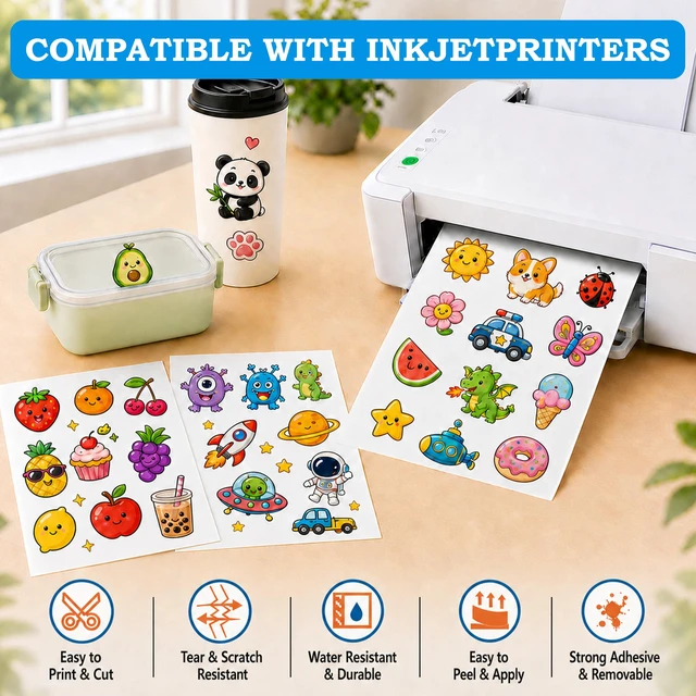 Alt view image 2 of 7 - 60-Sheet Glossy White Printable Vinyl Sticker Paper, 8.5x11, Inkjet Glossy White Waterproof, Dries Quickly, Vivid Colors, Tear-Resistant Vinyl, Works With Cutting Machines