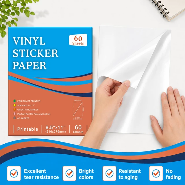 Alt view image 4 of 7 - 60-Sheet Glossy White Printable Vinyl Sticker Paper, 8.5x11, Inkjet Glossy White Waterproof, Dries Quickly, Vivid Colors, Tear-Resistant Vinyl, Works With Cutting Machines