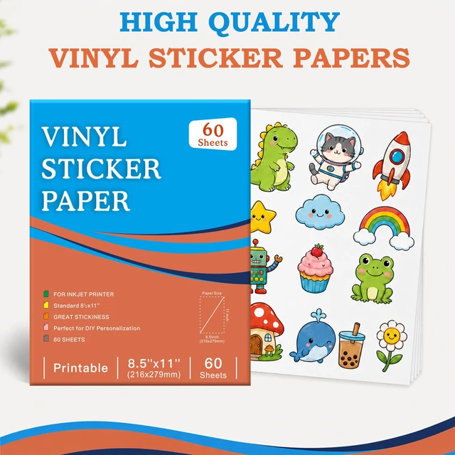 Alt view image 3 of 7 - 60-Sheet Glossy White Printable Vinyl Sticker Paper, 8.5x11, Inkjet Glossy White Waterproof, Dries Quickly, Vivid Colors, Tear-Resistant Vinyl, Works With Cutting Machines