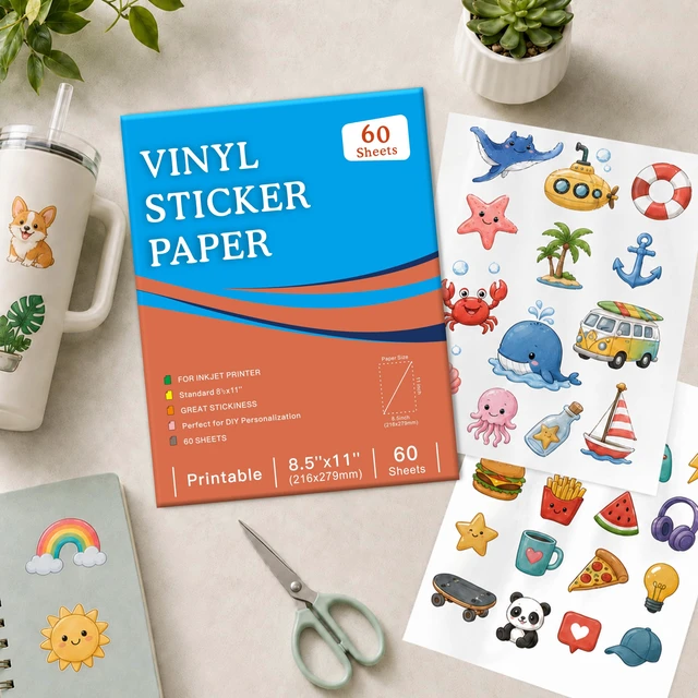 Alt view image 6 of 7 - 60-Sheet Glossy White Printable Vinyl Sticker Paper, 8.5x11, Inkjet Glossy White Waterproof, Dries Quickly, Vivid Colors, Tear-Resistant Vinyl, Works With Cutting Machines