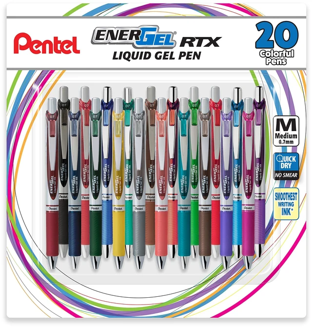 Main image of EnerGel RTX Retractable Liquid Gel Pen, (0.7mm), Medium Line, Metal Tip, Assorted Ink Colors, 20 Pack (BL77BP20M)