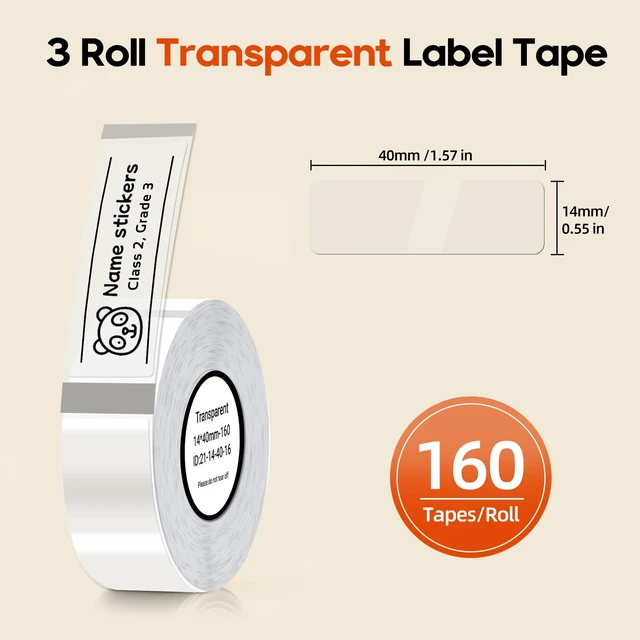Alt view image 2 of 6 - Genuine X1 Label Maker Tape, 14×40mm, 3-Roll, Transparent Pre-cut Thermal Labels, Easy Tear off, BPA-Free, Strong Adhesion, Water-Proof & Oil-Proof, Great for School, Office, Home