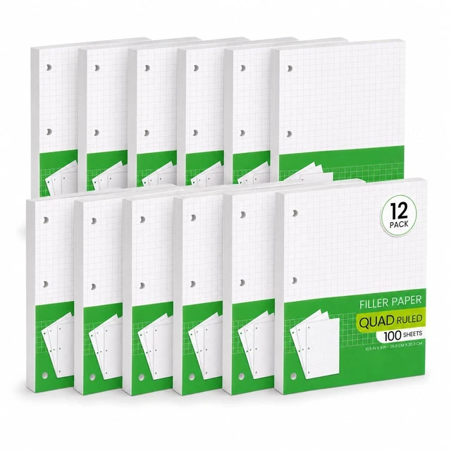 Main image of Graph Paper, Filler Paper Loose leaf Graph Paper - 8 x 10.5" - Graph Ruled, 4x4 Quad Ruled Notebook Paper, 3 Hole Punched Loose leaf Papers for 3 Ring Binders - 100 Sheets per Pack (12 Pack)