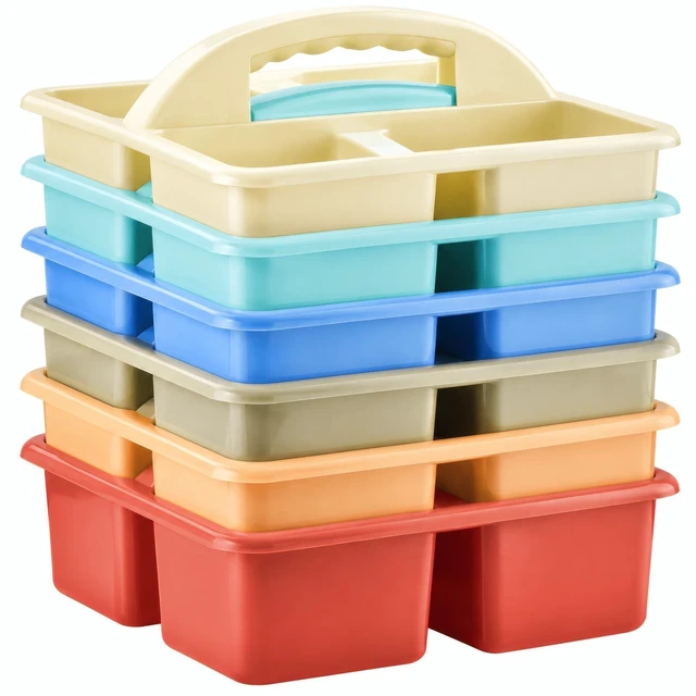 Main image of Plastic Classroom Caddy Organizer with Handle, 6-Pack 4 Compartments Teacher Supply Storage Caddy for Classroom, Table, Desk, Office, Art Crafts - Macaroon