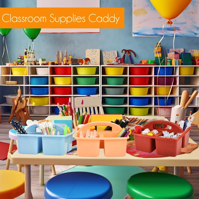 Alt view image 7 of 7 - Plastic Classroom Caddy Organizer with Handle, 6-Pack 4 Compartments Teacher Supply Storage Caddy for Classroom, Table, Desk, Office, Art Crafts - Macaroon