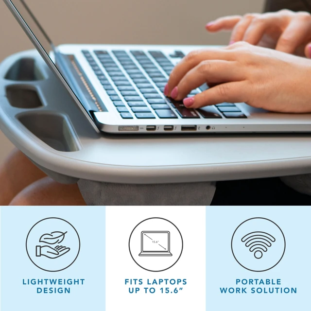 Alt view image 2 of 7 - MyDesk Lap Desk Cool Gray, Fits 15.6 Laptops Built-In Device Ledge, Dual Storage Wells, Airflow Dual-Bolster Microbead Cushion, Carry Handle
