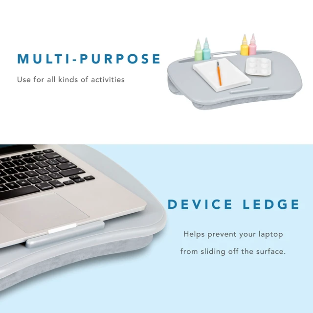 Alt view image 4 of 7 - MyDesk Lap Desk Cool Gray, Fits 15.6 Laptops Built-In Device Ledge, Dual Storage Wells, Airflow Dual-Bolster Microbead Cushion, Carry Handle