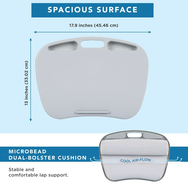 Alt view image 5 of 7 - MyDesk Lap Desk Cool Gray, Fits 15.6 Laptops Built-In Device Ledge, Dual Storage Wells, Airflow Dual-Bolster Microbead Cushion, Carry Handle