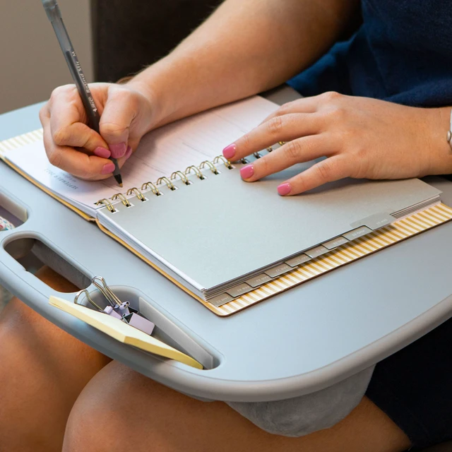 Alt view image 7 of 7 - MyDesk Lap Desk Cool Gray, Fits 15.6 Laptops Built-In Device Ledge, Dual Storage Wells, Airflow Dual-Bolster Microbead Cushion, Carry Handle