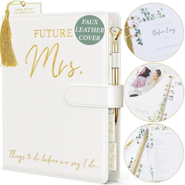 Main image of Wedding Planner Book and Organizer - Faux Leather 'Future Mrs' Wedding Planning Book and Organizer I Wedding Binder with Pen & Bookmark. Includes Bridal Countdown Calendar I Designed in USA