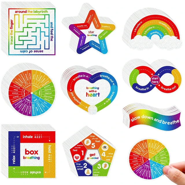 Main image of 72 Pcs Anxiety Sensory Breathing Stickers,Bright Color Adults Fidget Mindfulness 9 Styles Calm down Items mental health stickers Anxiety Relief Breathing Exercises
