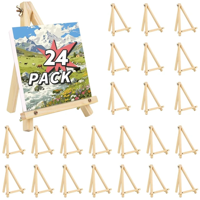 Main image of 24 Pack 9 Inch Easel for Painting, Wooden Easel Stand Canvas Stand Smooth Wood, Folds Flat for Storage, for Canvases, Photos, Signs, Weddings, Classrooms, Home Décor