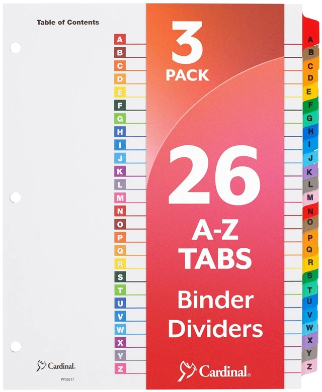 Main image of Binder Dividers, A-Z Tabs, 3 Pack, Customizable Table of Contents Page, Reversible Multicolor Tabs, 3-Hole Punched for Binders