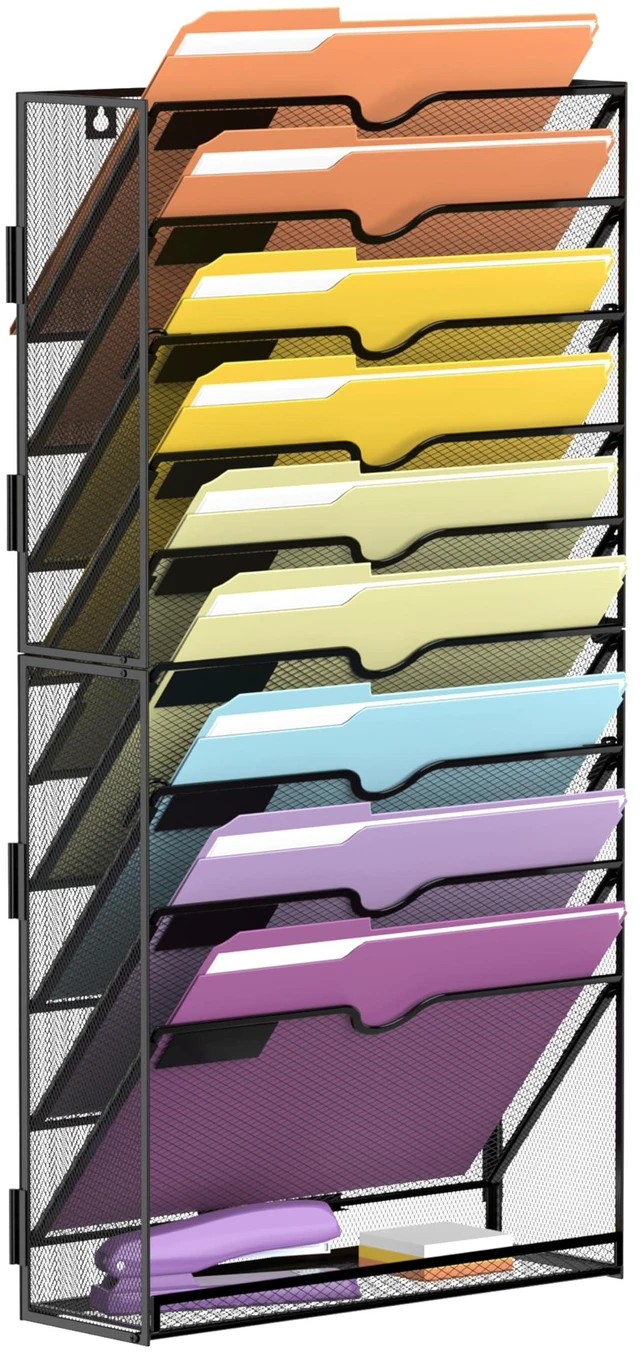 Main image of 10Tier Hanging Wall File Holder Organizer for Papers, Folders, Files Clipboard & Magazine Organization Great for Office Home, Assembly Needed, Black