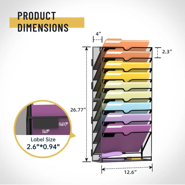Alt view image 3 of 7 - 10Tier Hanging Wall File Holder Organizer for Papers, Folders, Files Clipboard & Magazine Organization Great for Office Home, Assembly Needed, Black