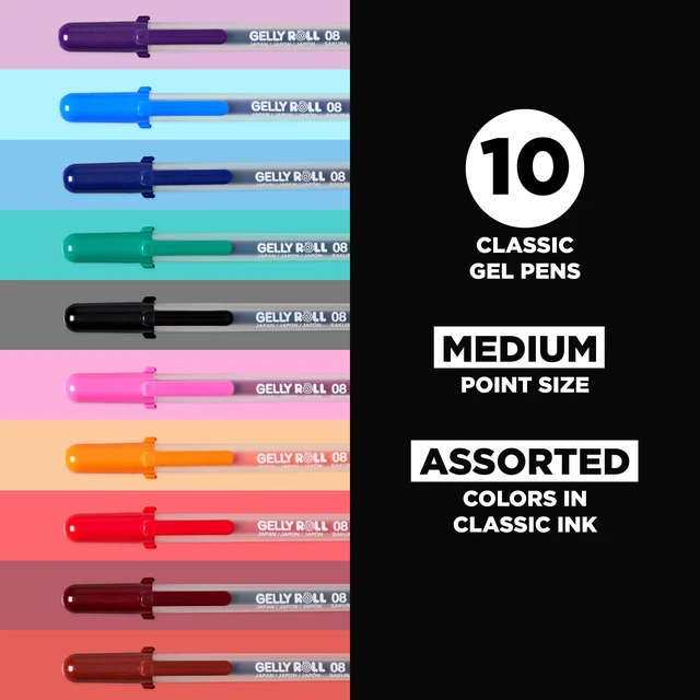 Alt view image 2 of 7 - Gelly Roll Gel Pens, Medium Point, 0.4 mm Line, Assorted - 10 Pack Gel Ink Pen for Writing, Art & Drawing, Smooth Archival Quality Ink, Certified Non-Toxic & Japanese Quality