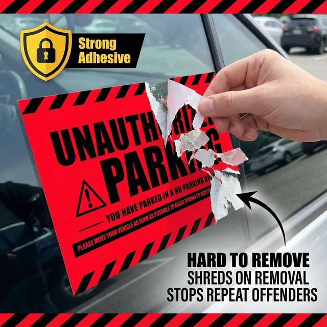 Alt view image 2 of 7 - Tow Warning Stickers Hard to Remove, Red Unauthorized Parking, 8x5 100 pk