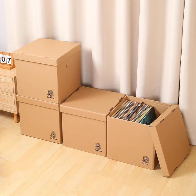 Alt view image 7 of 7 - 12" Vinyl Record Storage and Moving Box, Holds 60 Records or LPs, 2-Pack Durable Cardboard with Removable Lid, Built-In Carry Handles, Three-Layer Reinforced Side Walls, Tape-Free Design