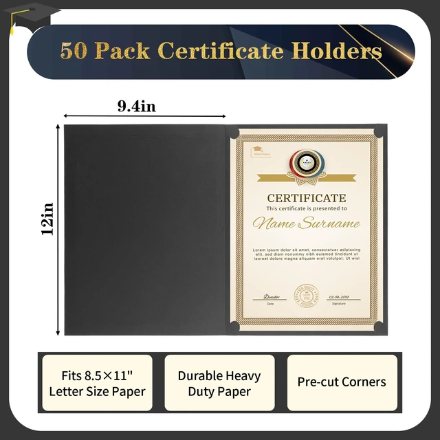 Alt view image 2 of 7 - 50 Packs Certificate Holders, Black Certificate Covers, Diploma Holders Certificate Folders with Gold Foil Border for Letter Size 8.5" x 11" Certificates, Diploma, Documents, Award Cover