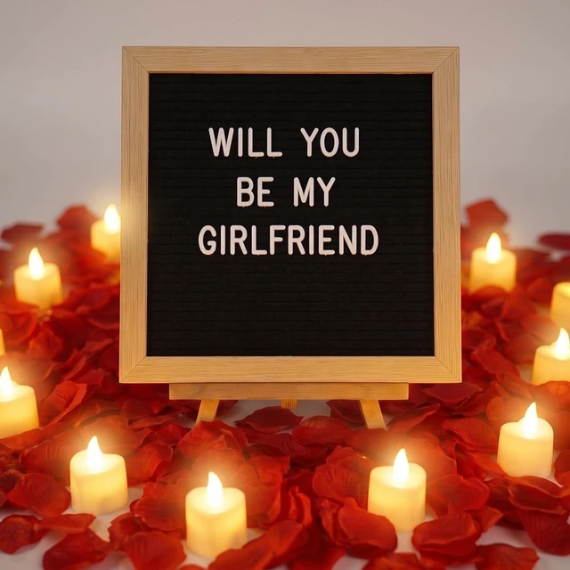 Main image of Will You Be My Girlfriend Sign with Lights, Wood, Black,10 x 10 Inch 1000 Artificial Rose Petals, Black Wood DIY Felt Letters Board Sign for Christmas Anniversary Party Surprise