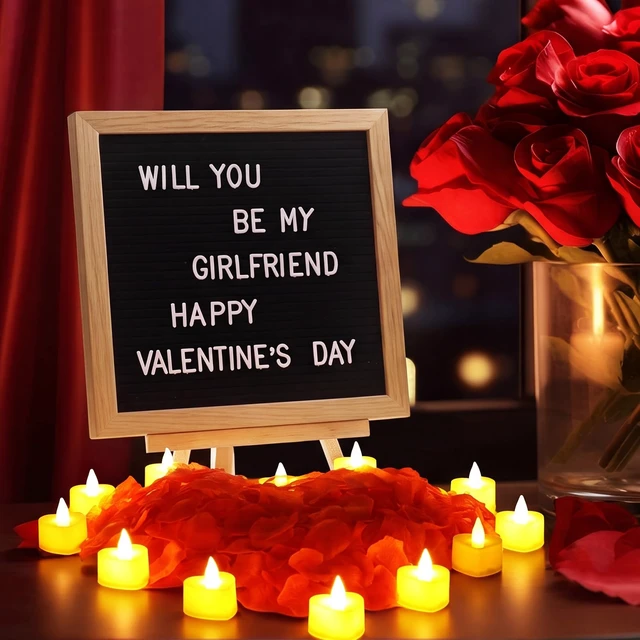 Alt view image 3 of 6 - Will You Be My Girlfriend Sign with Lights, Wood, Black,10 x 10 Inch 1000 Artificial Rose Petals, Black Wood DIY Felt Letters Board Sign for Christmas Anniversary Party Surprise