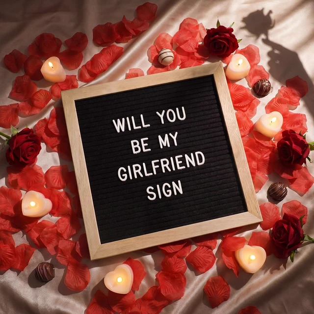 Alt view image 5 of 6 - Will You Be My Girlfriend Sign with Lights, Wood, Black,10 x 10 Inch 1000 Artificial Rose Petals, Black Wood DIY Felt Letters Board Sign for Christmas Anniversary Party Surprise