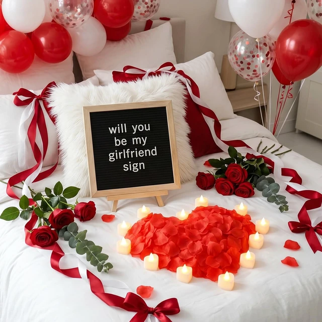 Alt view image 6 of 6 - Will You Be My Girlfriend Sign with Lights, Wood, Black,10 x 10 Inch 1000 Artificial Rose Petals, Black Wood DIY Felt Letters Board Sign for Christmas Anniversary Party Surprise
