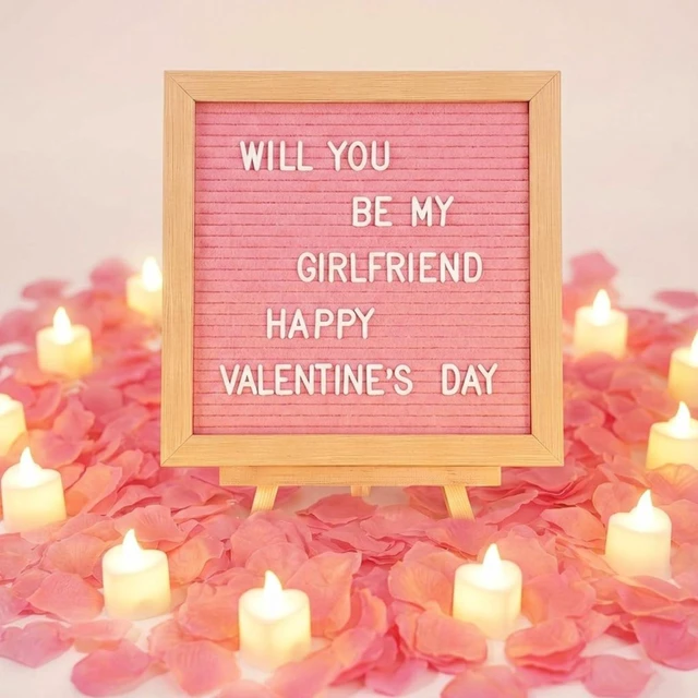 Main image of Will You Be My Girlfriend Sign with Lights, Wood, Pink, 10 x 10 Inch 1000 Artificial Rose Petals, Pink Wood DIY Felt Letters Board Sign for Christmas Anniversary Party Surprise