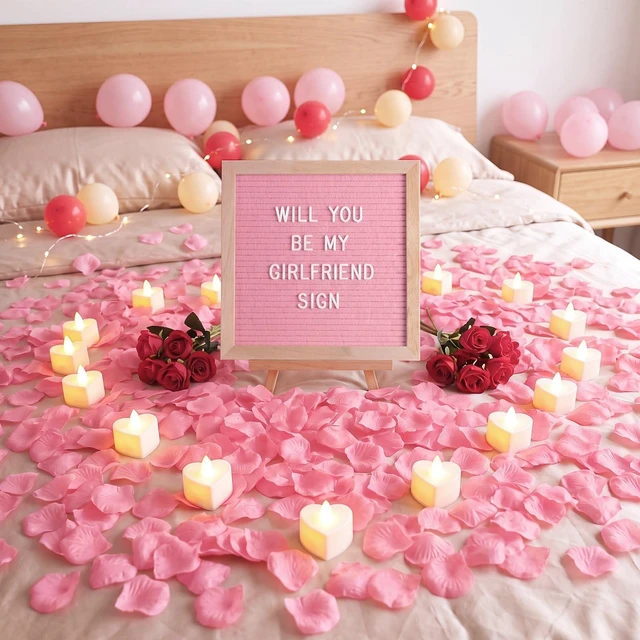 Alt view image 3 of 6 - Will You Be My Girlfriend Sign with Lights, Wood, Pink, 10 x 10 Inch 1000 Artificial Rose Petals, Pink Wood DIY Felt Letters Board Sign for Christmas Anniversary Party Surprise
