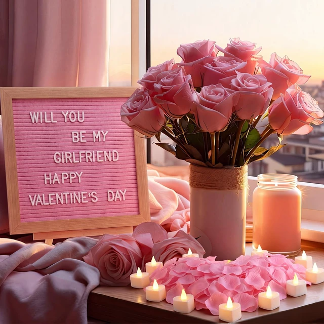 Alt view image 5 of 6 - Will You Be My Girlfriend Sign with Lights, Wood, Pink, 10 x 10 Inch 1000 Artificial Rose Petals, Pink Wood DIY Felt Letters Board Sign for Christmas Anniversary Party Surprise