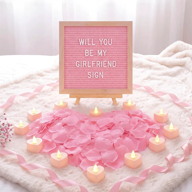 Alt view image 4 of 6 - Will You Be My Girlfriend Sign with Lights, Wood, Pink, 10 x 10 Inch 1000 Artificial Rose Petals, Pink Wood DIY Felt Letters Board Sign for Christmas Anniversary Party Surprise