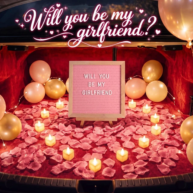 Alt view image 6 of 6 - Will You Be My Girlfriend Sign with Lights, Wood, Pink, 10 x 10 Inch 1000 Artificial Rose Petals, Pink Wood DIY Felt Letters Board Sign for Christmas Anniversary Party Surprise