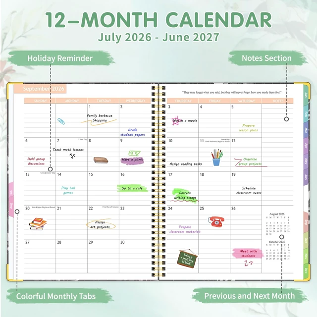 Alt view image 2 of 7 - Teacher Planner 2026-2027, Teacher Lesson Planner 14 Checklist, 8.5" x 11" July 2026-June 2027 Academic Year with Colorful Monthly Tabs, Teacher Calendar Book for School, Spiral Bound Planner, Leaves