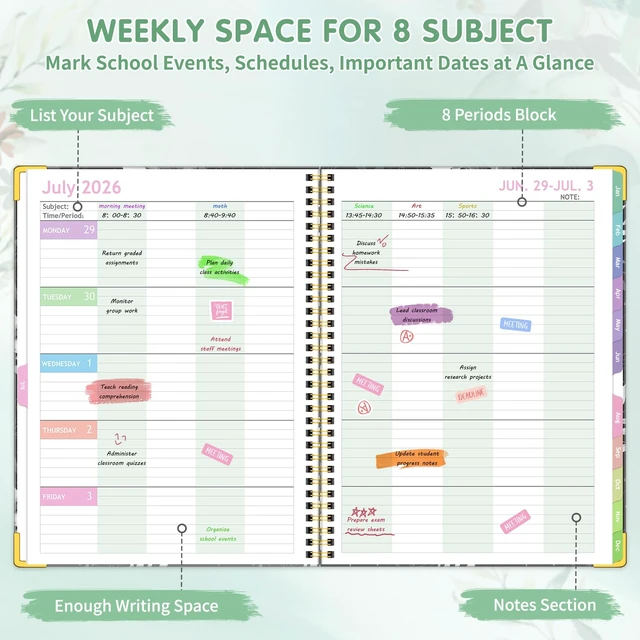 Alt view image 3 of 7 - Teacher Planner 2026-2027, Teacher Lesson Planner 14 Checklist, 8.5" x 11" July 2026-June 2027 Academic Year with Colorful Monthly Tabs, Teacher Calendar Book for School, Spiral Bound Planner, Leaves