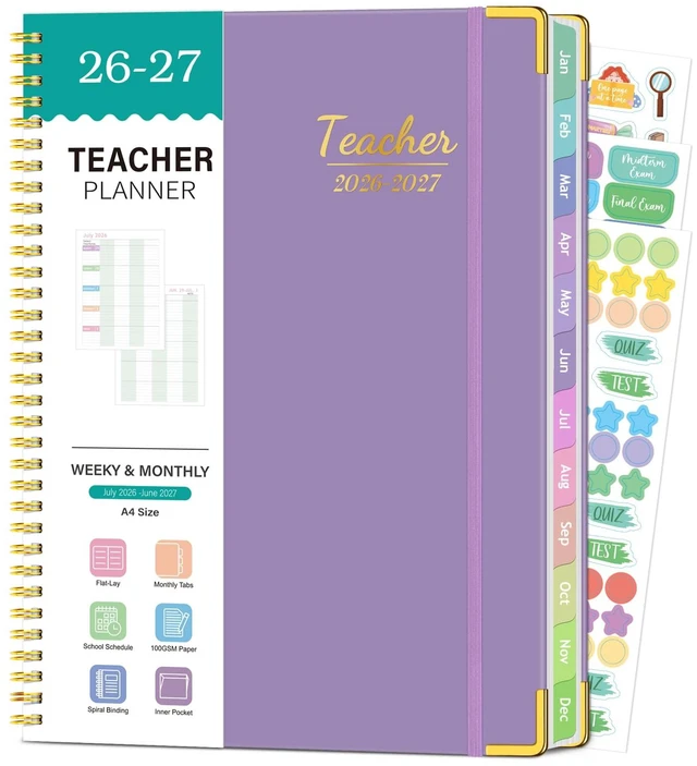 Main image of Teacher Planner 2026-2027, Teacher Lesson Planner 14 Checklist, 8.5" x 11" July 2026-June 2027 Academic Year with Colorful Monthly Tabs, Teacher Calendar Book for School, Spiral Bound Planner, Purple