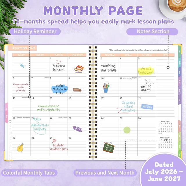Alt view image 2 of 7 - Teacher Planner 2026-2027, Teacher Lesson Planner 14 Checklist, 8.5" x 11" July 2026-June 2027 Academic Year with Colorful Monthly Tabs, Teacher Calendar Book for School, Spiral Bound Planner, Purple