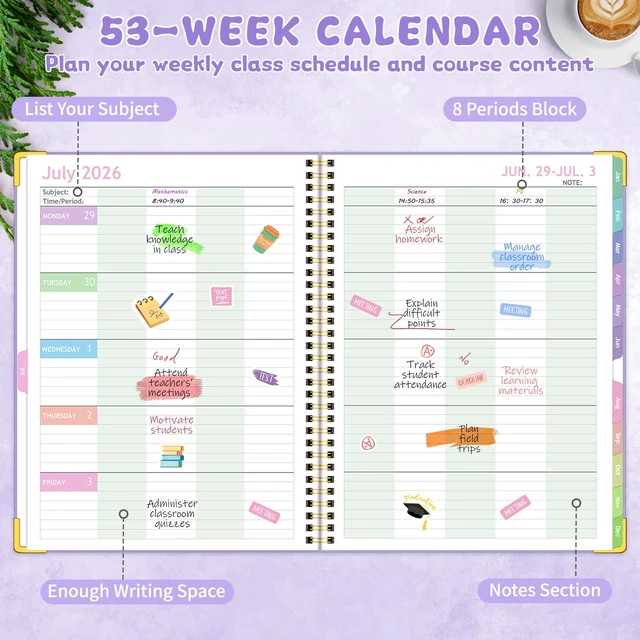 Alt view image 3 of 7 - Teacher Planner 2026-2027, Teacher Lesson Planner 14 Checklist, 8.5" x 11" July 2026-June 2027 Academic Year with Colorful Monthly Tabs, Teacher Calendar Book for School, Spiral Bound Planner, Purple