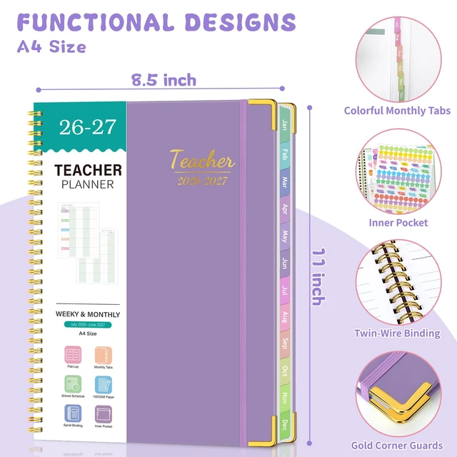 Alt view image 5 of 7 - Teacher Planner 2026-2027, Teacher Lesson Planner 14 Checklist, 8.5" x 11" July 2026-June 2027 Academic Year with Colorful Monthly Tabs, Teacher Calendar Book for School, Spiral Bound Planner, Purple