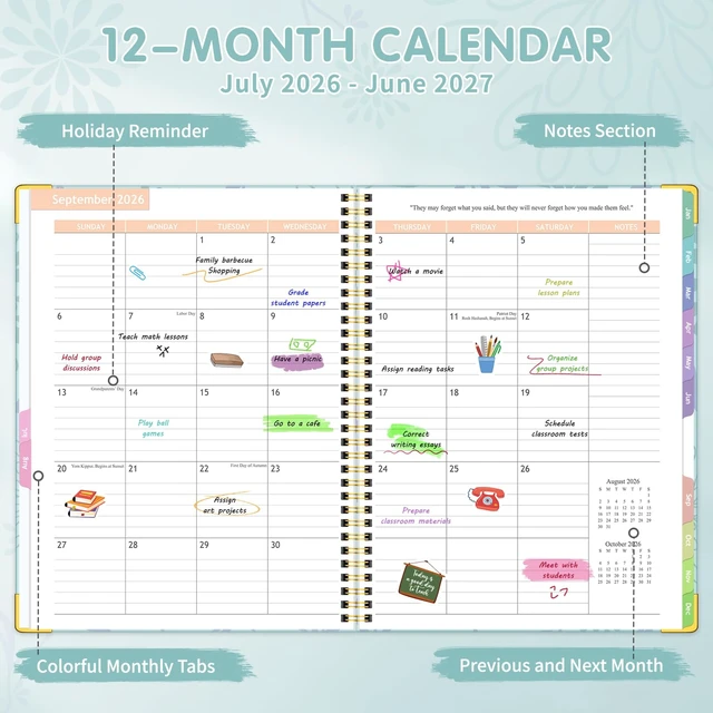 Alt view image 2 of 7 - Teacher Planner 2026-2027, Teacher Lesson Planner 14 Checklist, 8.5" x 11" July 2026-June 2027 Academic Year with Colorful Monthly Tabs, Teacher Calendar Book for School, Spiral Bound Planner, Blue