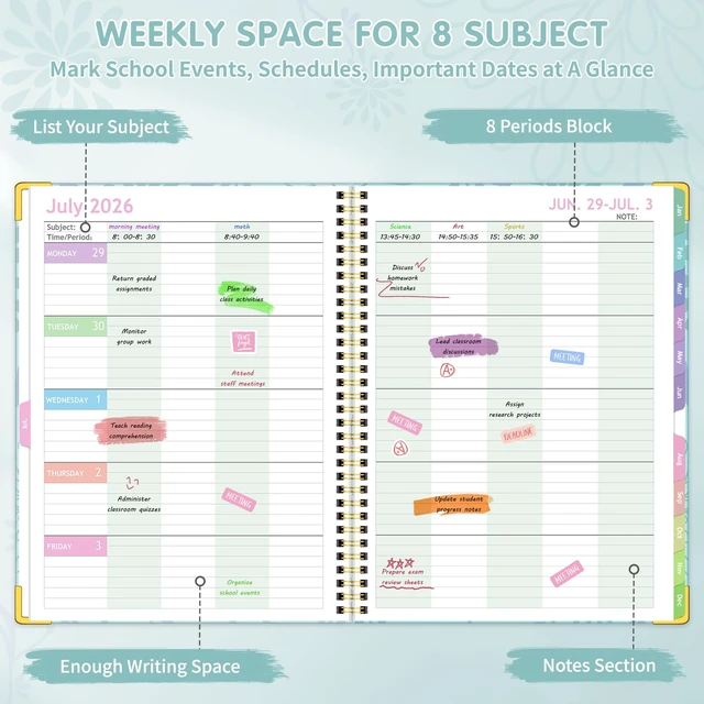 Alt view image 3 of 7 - Teacher Planner 2026-2027, Teacher Lesson Planner 14 Checklist, 8.5" x 11" July 2026-June 2027 Academic Year with Colorful Monthly Tabs, Teacher Calendar Book for School, Spiral Bound Planner, Blue