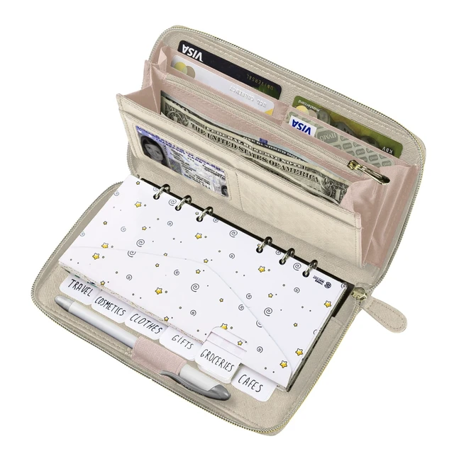 Main image of Cash Envelope Wallet Beige All in One Budget System RFID Blocking with 12x Tabbed Envelopes 12x Monthly Budget Cards 1x Yearly Budget Planner Sheet Complete Money Organizer Set