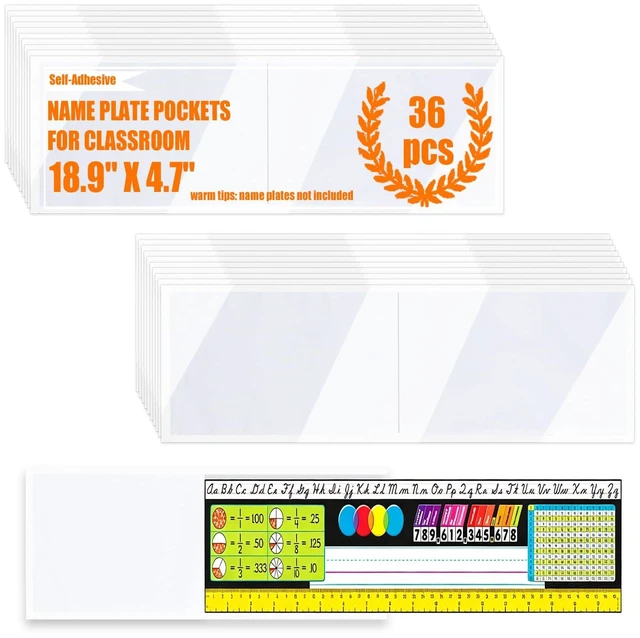 Main image of 36 PCS Nameplate Pocket - 18.9" x 4.7"No Residue Self-Adhesive Waterproof Easy Use&Remove Scratch Proof Clear Thicken PVC Name Tag Sleeves Nameplates Holder for Classroom Desks, Office Supplies