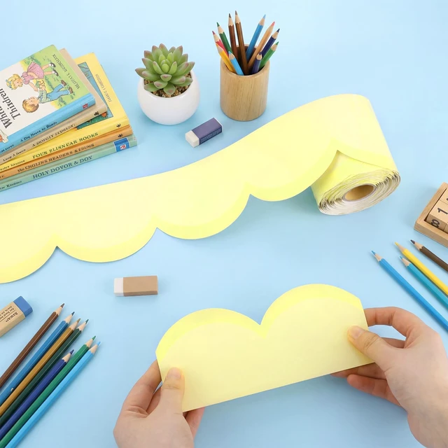 Alt view image 4 of 6 - 65 Ft Pastel Yellow Bulletin Board Borders for Classroom Decor Contrasting Pastel Back to School Decoration, Scalloped Roll Border Trim for Classroom, Chalkboard, Wall, Office Decor