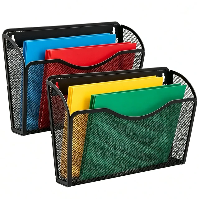 Main image of Mesh Hanging Wall File Holders, Metal Vertical Wall Basket Mail Organizer for Office/Home (Black, 2 Pack Wall Mounted)