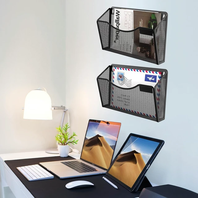 Alt view image 4 of 6 - Mesh Hanging Wall File Holders, Metal Vertical Wall Basket Mail Organizer for Office/Home (Black, 2 Pack Wall Mounted)