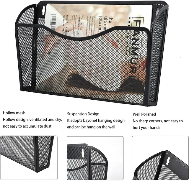 Alt view image 3 of 6 - Mesh Hanging Wall File Holders, Metal Vertical Wall Basket Mail Organizer for Office/Home (Black, 2 Pack Wall Mounted)