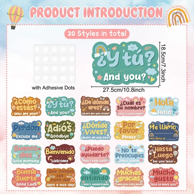 Alt view image 2 of 7 - 20Pcs Spanish Classroom Decor Posters Bulletin Board Decorations Common Phrases Words, Vibrant Color, Language Learning Materials, Preschool Español Must Haves, Educational Tools, Laminated