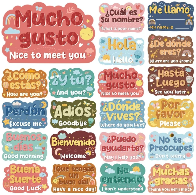 Main image of 20Pcs Spanish Classroom Decor Posters Bulletin Board Decorations Common Phrases Words, Vibrant Color, Language Learning Materials, Preschool Español Must Haves, Educational Tools, Laminated