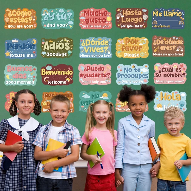 Alt view image 6 of 7 - 20Pcs Spanish Classroom Decor Posters Bulletin Board Decorations Common Phrases Words, Vibrant Color, Language Learning Materials, Preschool Español Must Haves, Educational Tools, Laminated
